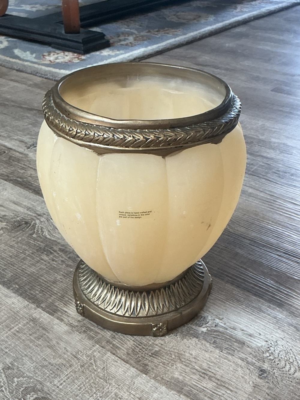 Vintage 1980 Art Deco Jardiniere Faux Cream Marble Brass Base Wastebasket